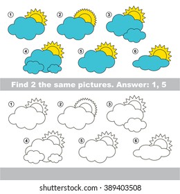 The design difference.  Vector visual game for children. Task and answer. Find two similar Clouds