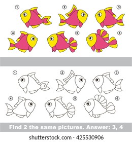 The design difference. Vector visual game for children. Task and answer. Find two similar Pink Fishes.