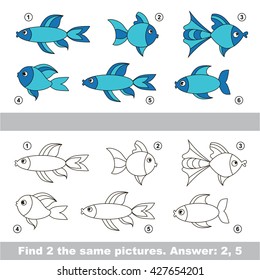 The design difference. Vector visual game for children. Simple level of difficulty. Easy educational game. Task and answer. Find two similar Fishes.