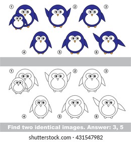 The design difference. Vector visual game for kid education. Simple level of difficulty. Easy educational game. Task and answer. Find two similar Penguins.