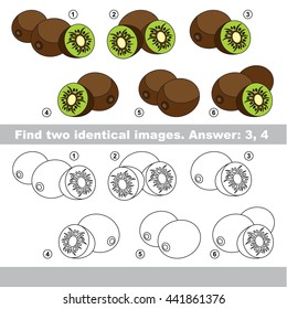 The design difference. Vector visual game for kid education. Simple level of difficulty. Easy educational game. Task and answer. Find two similar Kiwifruits.
