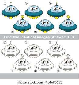 The design difference. Vector visual game for kid education. Simple level of difficulty. Easy educational game. Task and answer. Find two similar Ufo.