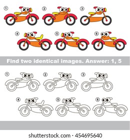 The design difference. Vector visual game for kid education. Simple level of difficulty. Easy educational game. Task and answer. Find two similar Motorcycles.