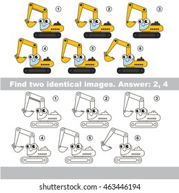 The design difference. Vector visual game for kid education. Simple level of difficulty. Easy educational game. Task and answer. Find two similar Excavators