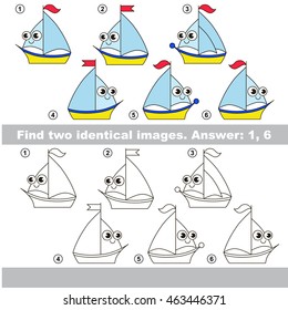 The design difference. Vector visual game for kid education. Simple level of difficulty. Easy educational game. Task and answer. Find two similar Yacht