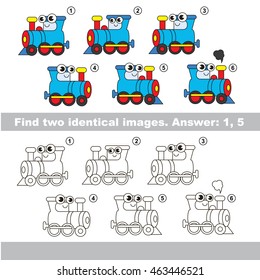 The design difference. Vector visual game for kid education. Simple level of difficulty. Easy educational game. Task and answer. Find two similar Locomotives