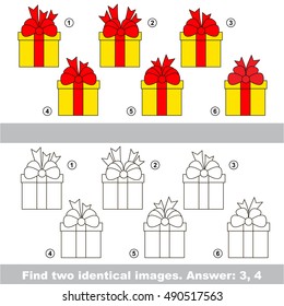 The design difference. Vector visual game for children. The easy level. Task and answer. Find two similar Gifts