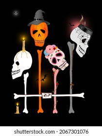Design of different beliefs in the day of the dead. Funny skulls illustration 