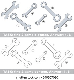 Design different, color equal.  Vector visual game. Task and answer. Find two similar Spanner