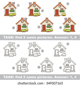 Design different, color equal.  Vector visual game. Task and answer. Find two similar House