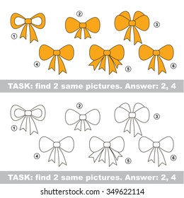 Design different, color equal.  Vector visual game. Task and answer. Find two similar Bow