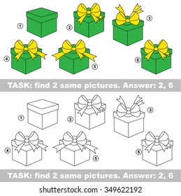 Design different, color equal.  Vector visual game. Task and answer. Find two similar Gift