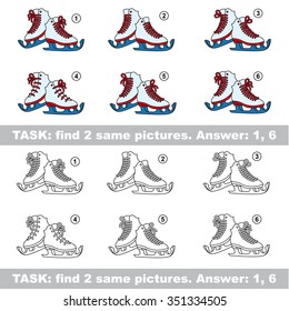 Design different, color equal.  Vector visual game. Task and answer. Find two similar Skates