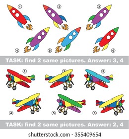 Design different, color equal.  Vector visual game. Task and answer. Find two similar Rocket and Plane