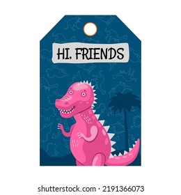 Design with dino characters. Funny different dinosaurs on blue background. Creatures and fossil reptiles concept. Template for greeting labels or invitation card