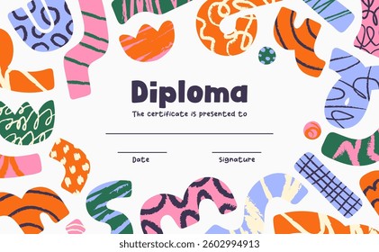 Design of diploma certificate with abstract doodle elements. Template of school award with lines, geometric shapes are patterned with scribbles. Layout of kids charter. Flat vector illustration.