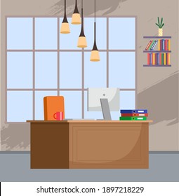 Gestaltung des Arbeitsplatzes der Direktoren. Kreatives Büro mit großem Fenster, Desktop, Computer und moderne Lampe, Design und Layout des Raumes für den Chef. Planung der Möbelanordnung im Büro bei der Arbeit