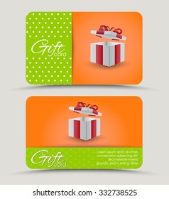 Design a discount card with gift box in orange and green stripes background for your text. Vector illustration. Set