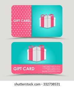 Design a discount card with gift box on a blue background and a pink stripe for text. Vector illustration. Set