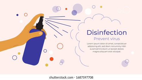 Design of disinfection, virus protection, prevent infection, coronavirus bacteria. Man or woman spraying by antibacterial sanitizer dispenser. Vector illustration of antiseptic or alcohol spray bottle