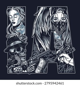 The design displays a blend of elements representing Los Angeles culture including tattoos guns money and iconic symbols. Various figures capture the urban lifestyle.