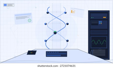 Ein Design zeigt eine Spiralstruktur in einer technischen Umgebung an. Es gibt Bildschirme, die Daten und Diagramme zeigen, was einen Fokus auf Datenanalyse und Technologie nahe legt. Der Arbeitsbereich sieht modern und organisiert aus.