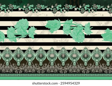 The design displays a textile print design featuring horizontal stripes, floral motifs, and decorative borders in shades of teal, black, and off-white, for textile, wallpaper, gift wrapping, print