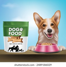 Design a dog food bag Complete with a pink bowl for dog food.
