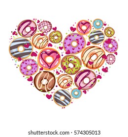 Design from donuts in the heart form. Culinary pastries background for St. Valentine s Day with lettering. Cartoon style vector illustration