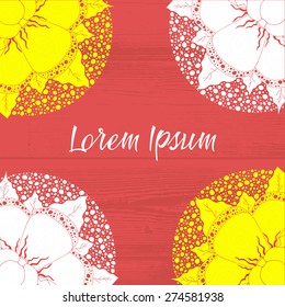 Design doodle elements, corners. White and yellow lace pattern. Card template. Perfect for invitation, greeting card, presentation template with place for text. Wood background.