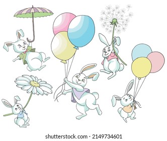 Design doodle set with happy funny rabbits, flying on balloons, flowers and umbrella isolated on white background. Colorful vector illustration, Easter spring and animal of the year 2023 concept. 