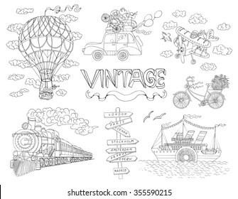 Design doodle set with old means of transportation. Vintage illustration of ship, train, plane and bicycle.