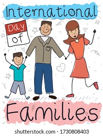 Design in doodle style with calendar, happy mom, dad and kid saluting at you and celebrating International Day of Families with draws of hearts, streamers and stars.