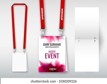 Design of double hole lanyard. Example with double program card. Access ID for congresses, events, fairs, exhibitions. Vector illustration of lanyard.