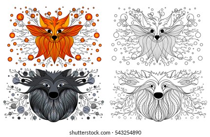 Design drawing. Fantastic drawing fox and wolf. Drawing a line fox and wolf