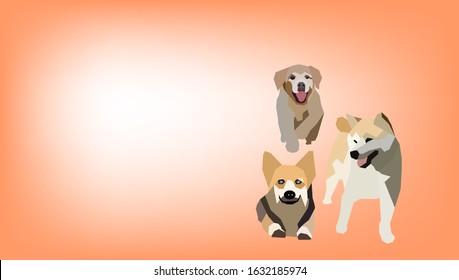Design drawing A group of 3 cute dog friends on a golden orange background