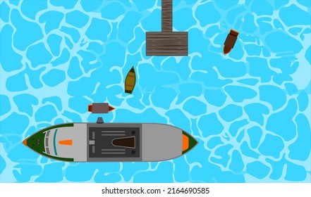 Design drawing of a small pier, a big ship and a small boat in a clear sea. flat vector