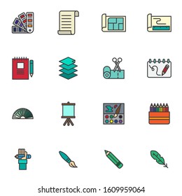 Design and drawing tool filled outline icons set, line vector symbol collection linear colorful pictogram pack. Signs logo illustration, Set includes icons as color palette, layers, crayon brush tool