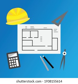 Design drawing tools , hard hat, plan, pens and calculator, designing concept vector