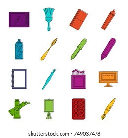 Design and drawing tools set. Outline illustration of 16 design and drawing tools vector icons set. Doodle illustration of vector icons isolated on white background for any web design