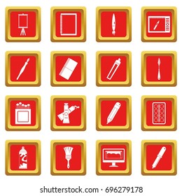 Design and drawing tools set. Simple illustration of 16 design and drawing tools vector icons set in red color isolated vector illustration for web and any design