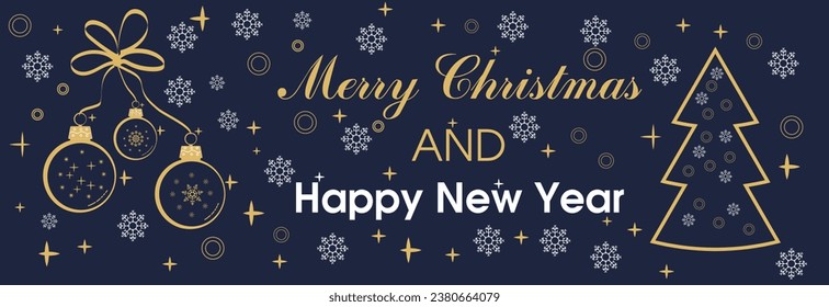 Design of drawn gold Christmas balls, ornament, snowflake, christmas tree on blue background. Banner with the inscription Marry Christmas and Happy New Year.