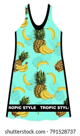 Design dress with banana and pineapples on fresh background. For textile design.