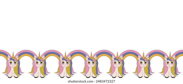 Design dress decor ornament with Unicorn. Groovy style cute Unicorn seamless pattern. Fantastic animal frame isolated white. Editable stroke vector illustration.