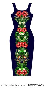 Design dress with symmetry composition tropical flowers and leaves .