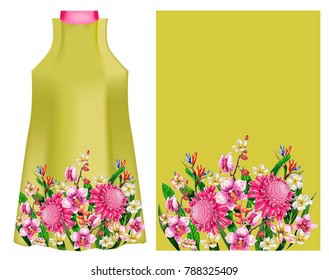 Design dress with tropical flowers for embroidery or print. Vector illustration.
