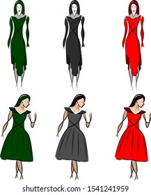 The design of dresses on models. Stylized image of girls in evening dresses. Cocktail dress. Vector illustration.