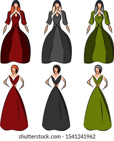 The design of dresses on models. Stylized image of girls in evening dresses. Cocktail dress. Vector illustration.