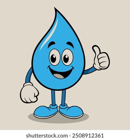 Design a drop with arms, legs, a smile, and eyes, raising one hand with a thumbs-up gesture to signify 'excellent' or 'super