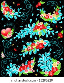 Diseño con gotas y flores. Ilustración vectorial.